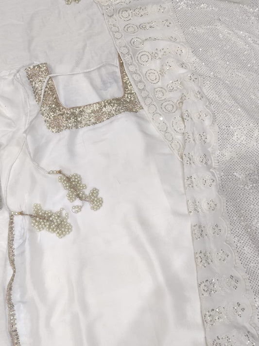 Atharva Heritage Pearl White Hand-Embroidered Raw Silk Pakistani Suit | Custom Stitched up to 9XL PRA001