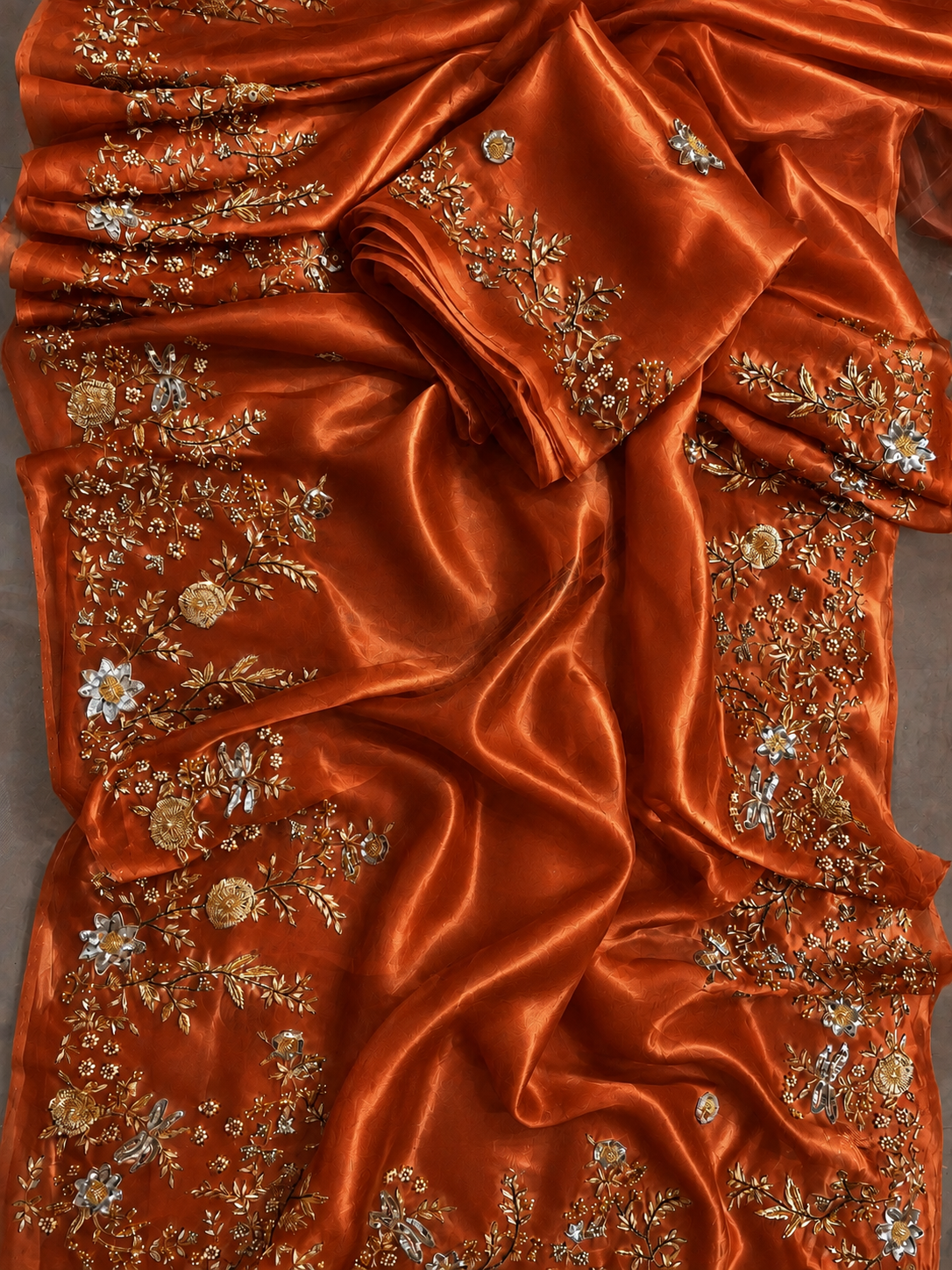 Atharva Heritage Burnt Orange Pure Silk Organza Saree – Trousseau Collection | 400+ Hours Hand-Embroidered Luxury RLS178