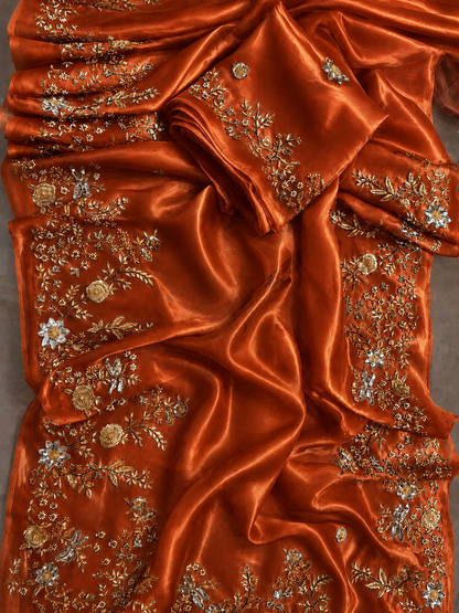 Atharva Heritage Burnt Orange Pure Silk Organza Saree – Trousseau Collection | 400+ Hours Hand-Embroidered Luxury RLS178
