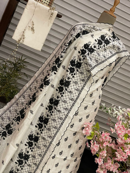 PURE CHANDER SILK  PARSI GARA SUIT with Cutwork on width CH5416 Black and white