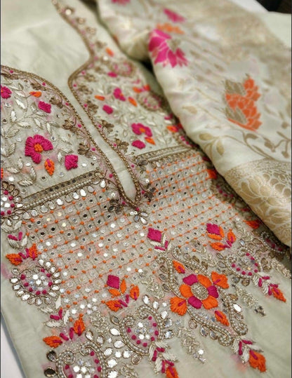 ATHARVA Hand Embroidery Salwar Kameez w/Embroidery Neck Light Beige/Banarsi Meenakari Dupatta/Gota Patti Custom Stitch/Plazo/Patiala/CH1570