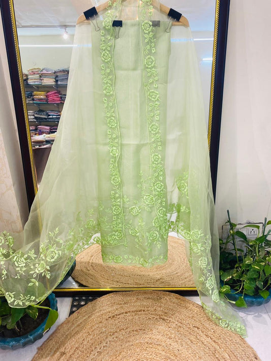 SHEER LUXURY Pure Silk Organza French Thread Embroidery SUIT SHEER007P  Pastel Pear Color