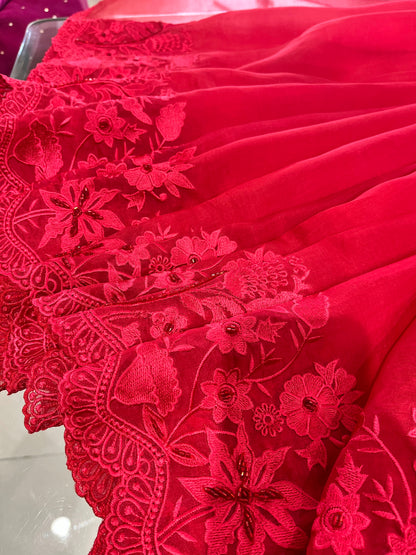 Atharva Heritage Red Kerwachauth Saree in Pure Silk Organza with French Thread Monochrome Embroidery