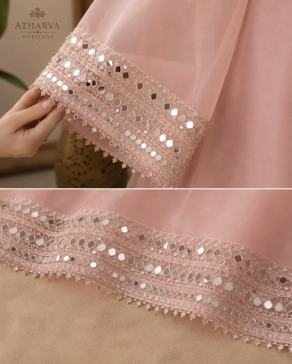 Atharva Heritage Luxury Pure Silk Organza Mirror Work Co-Ord Set | Hand Embroidered Yoke & Bell Sleeves | Premium Palazzo | Atharva Heritage AH1813CS132