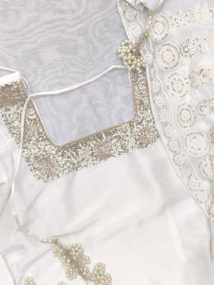 Atharva Heritage Pearl White Hand-Embroidered Raw Silk Pakistani Suit | Custom Stitched up to 9XL PRA001