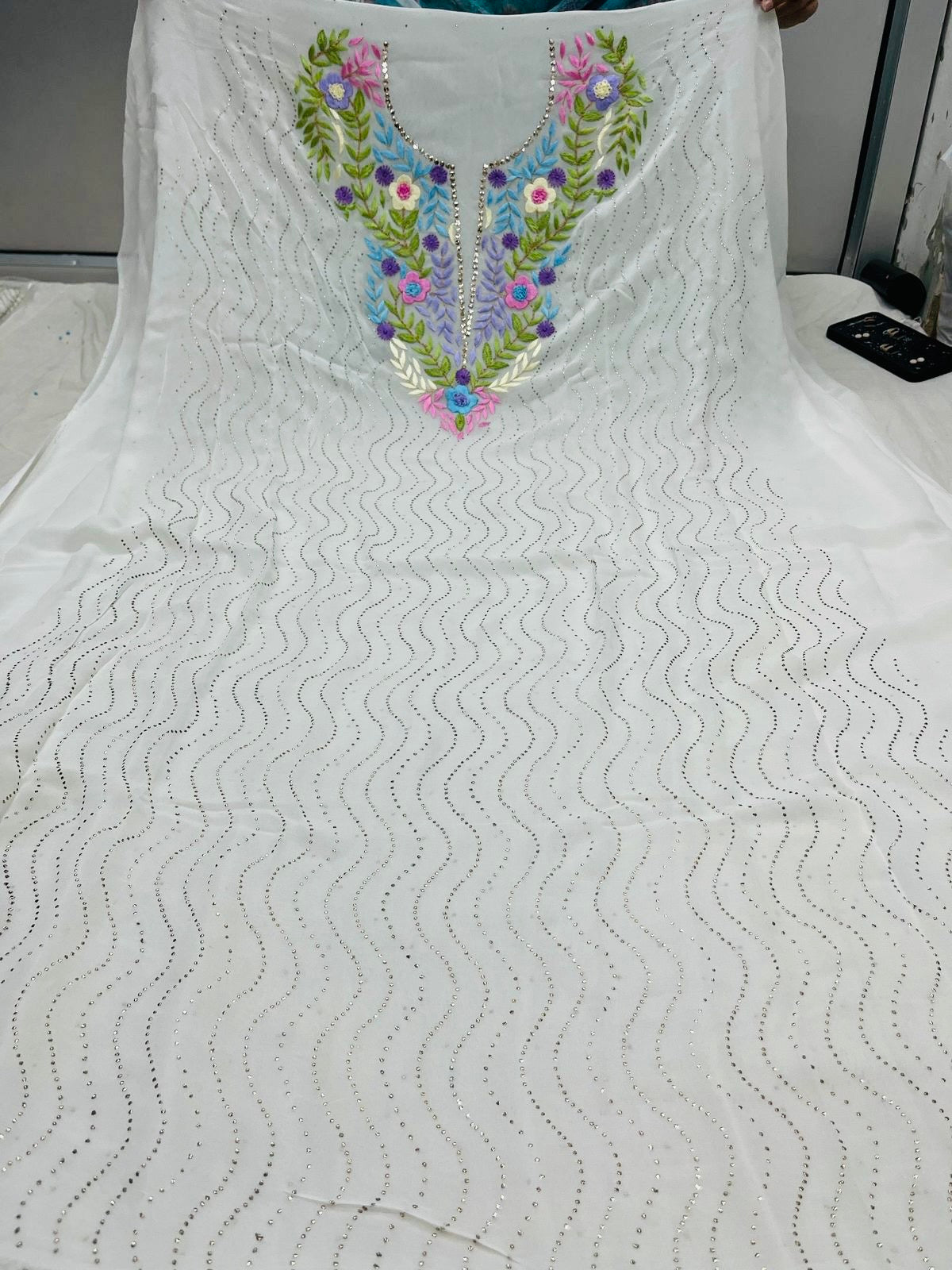 Ivory Hand  Mukaish Kamdani Hand Parsi Gara Neckline Suit CHG0071