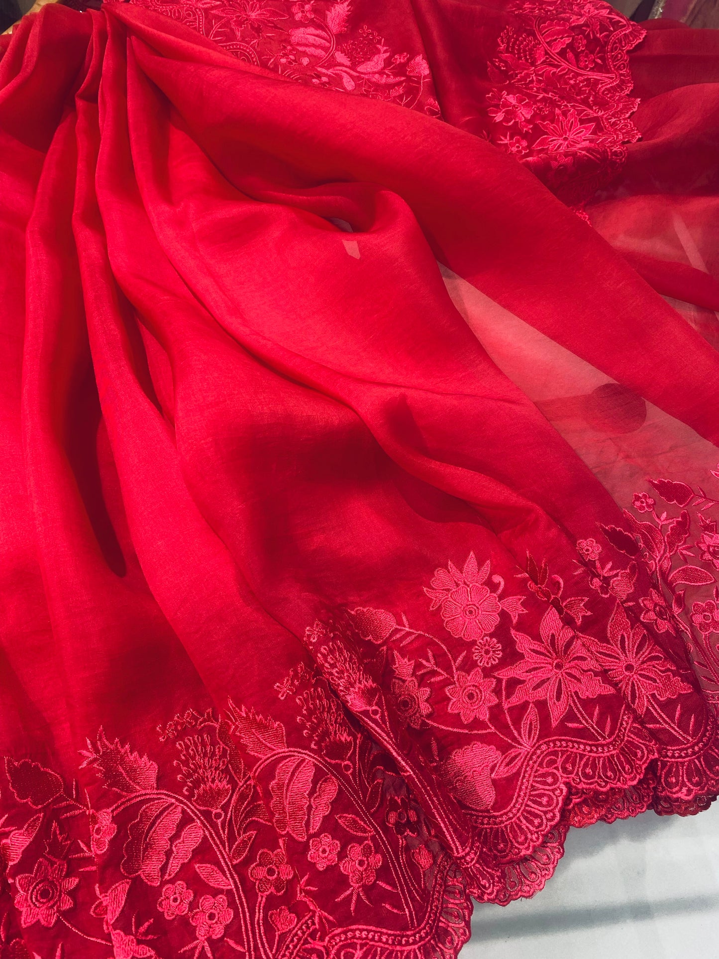 Atharva Heritage Red Kerwachauth Saree in Pure Silk Organza with French Thread Monochrome Embroidery
