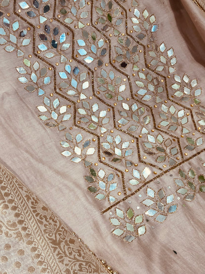 ATHARVA  Hand Embroidered Salwar Kameez w/ Embroidered Neck Beige/Banarsi Silk Dupatta/Bridal/Wedding/Custom Stitch/ CH1295