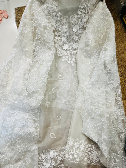 SHEER LUXURY PURE SILK ORGANZA PARSI APPLIQUE SUIT SHEER0030(H) Pearl White