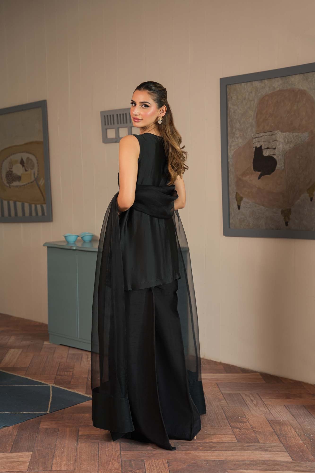 Atharva Heritage Black Pure Raw Silk 100g Hand-Embroidered Jacket Style Farshi Salwar Set FSBRS51