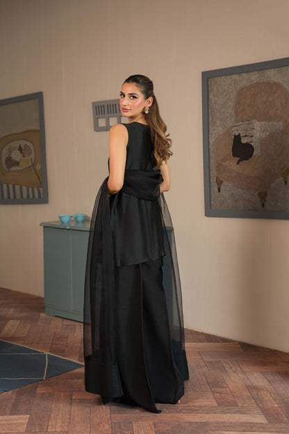 Atharva Heritage Black Pure Raw Silk 100g Hand-Embroidered Jacket Style Farshi Salwar Set FSBRS51
