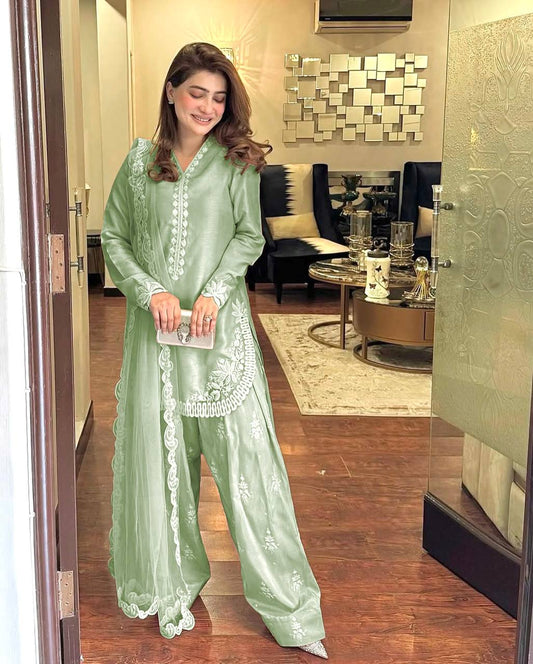 Atharva Heritage Silk Organza Hand-Appliqué Pakistani Co-Ord Set – Three-Piece Designer Ensemble  AH181331712