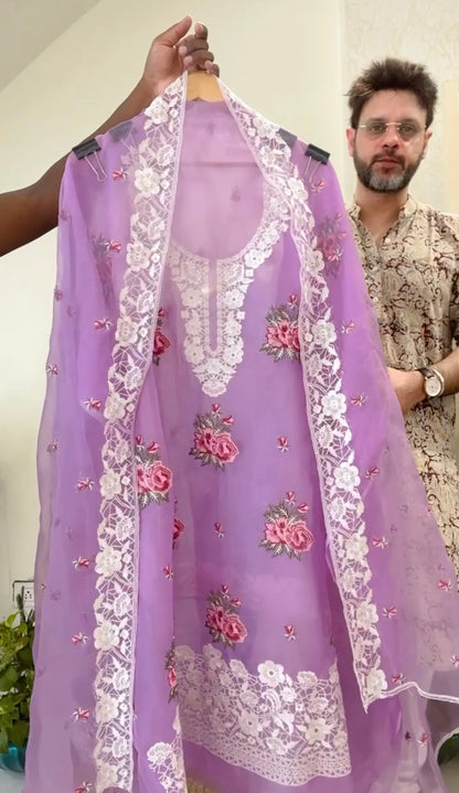 SHEER LUXURY Pure Silk Organza French Thread with Pardi Gara Embroidery SUIT SHEER008  Labender Color