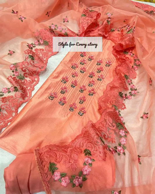 Atharva Heritage PURE CHANDERI SILK 70 Grams Kurta AND Pure Silk ORGANZA Dupatta EDITS CHO0019 Peach