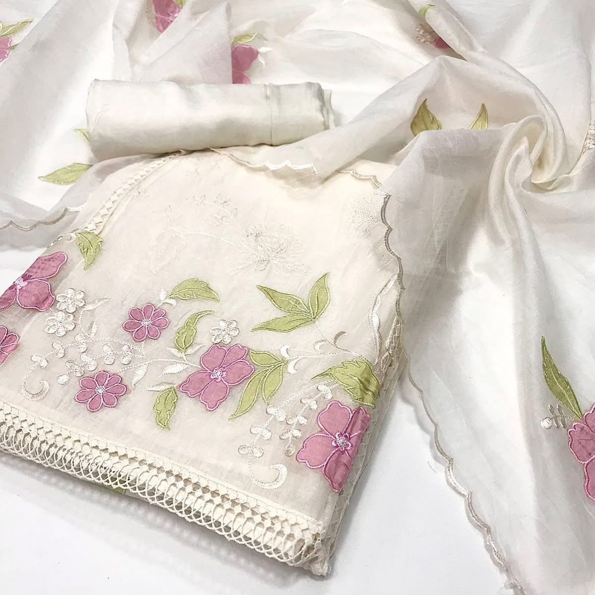Atharva Heritage/Pure Mul Chanderi Shirt & Dupatta/ Hand Applique with Thread Embroidery/Cotton Silk  Bottom/CUT80377