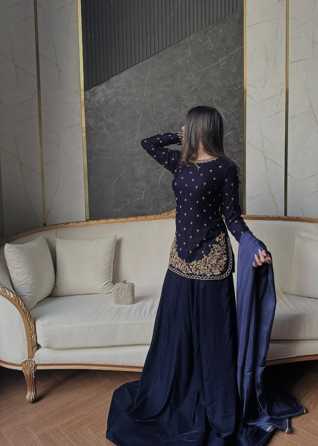 Atharva Heritage Royal Blue Pure Silk Velvet Garara Set with Hanzardozi Embroidery 181331921