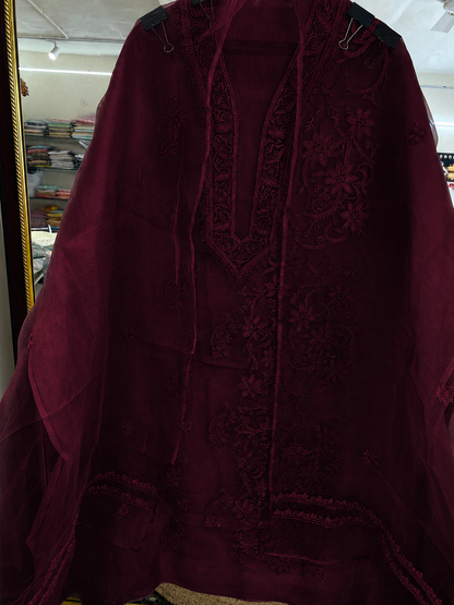 Atharva Heritage Sheer Luxury “Handcrafted 2-Taar Shadow Lucknowi Embroidered Suit – Pure Silk Organza | Limited Edition AH-1813-3198