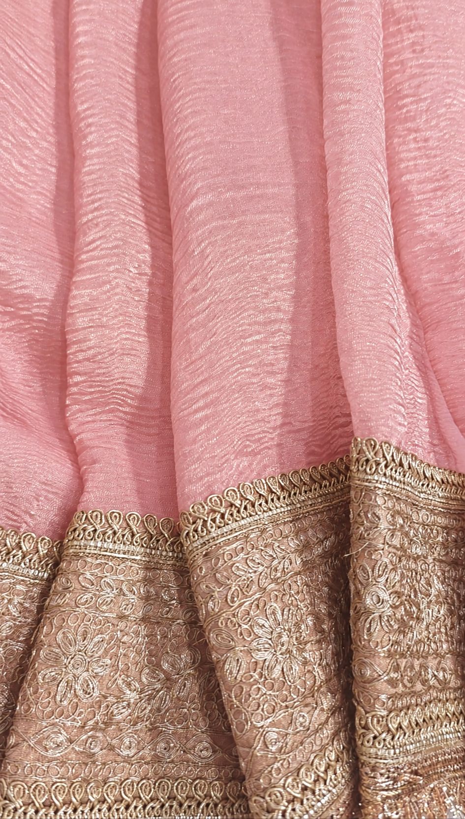 Atharva Heritage “Pure Crushed Tissue Silk Sari with Hand Pita Border & Kiran Lace – Pink