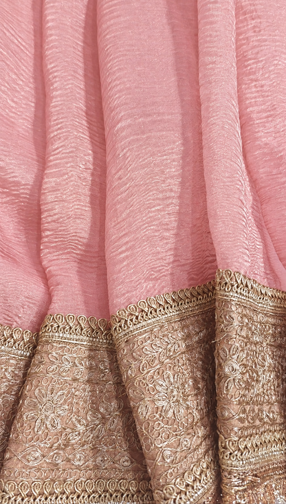 Atharva Heritage “Pure Crushed Tissue Silk Sari with Hand Pita Border & Kiran Lace – Pink