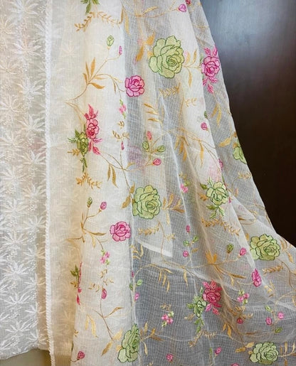 Atharva Embroidered Pure Cotton Kota Doria Salwar Kameez/Embroidery Kota Dupatta Ivory /Kota Embroidery Shirt Ivory/Cotton Bottom- KK0021