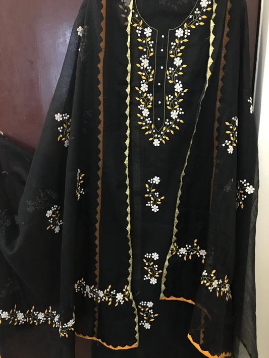 ATHARVA HERITAGE Hand Embroidery Salwar Kameez /CHANDERI SILK Kurta and  Dupatta With Stunning REAL MIRROR & PATTI WORK/Custom Stitch Unstitch/Gift/Patiala/Anarkali/Churridar/CH17324 BLACK