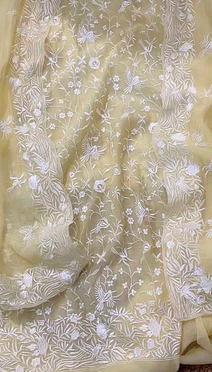 PURE MUL CHANDERI SILK  PARSI GARA SUIT MCH0015 Lemon Yellow