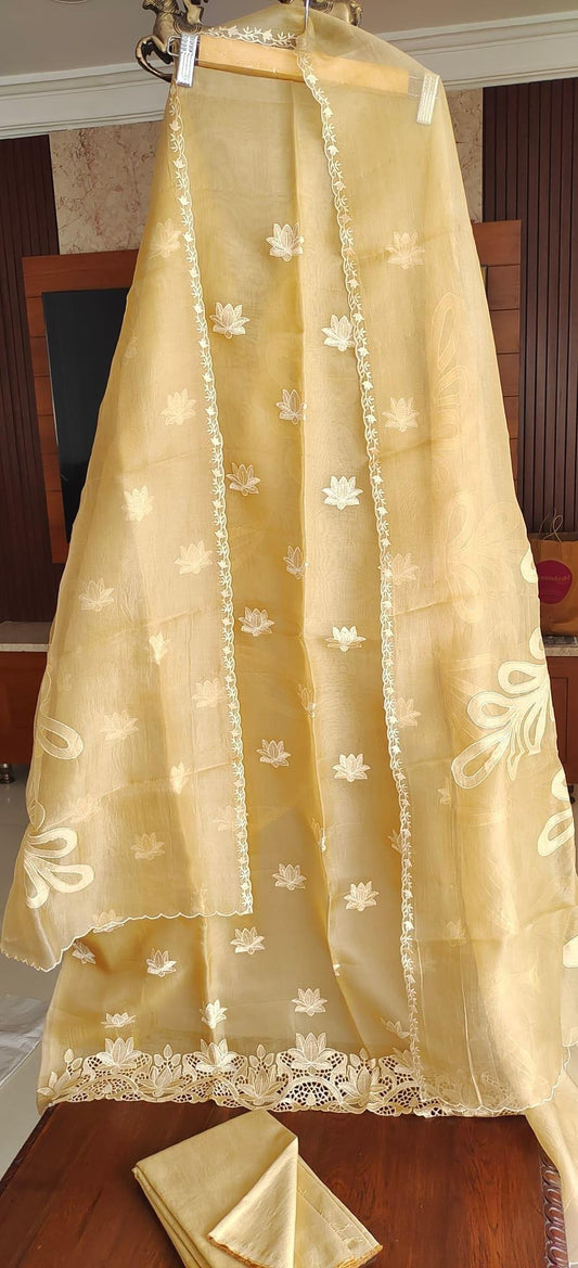 ATHARVA HERITAGE/ SHEER LUXURY PURE SILK ORGANZA APPLIQUE SUIT SHEER0011YELLOW