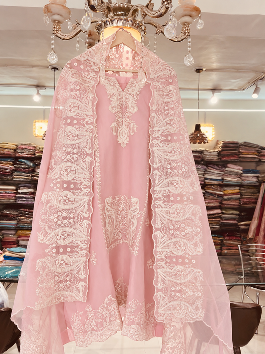 Atharva Heritage  Sheer Luxury Pakistani French Thread Monochrome unstitched Front and Back Embroidery Suit SLP001 Powder Pink