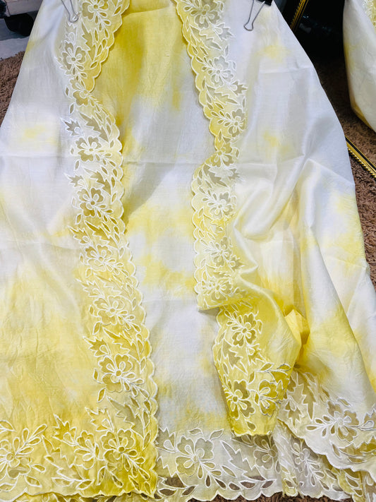 ATHARVA Hand Applique /Cutwork  Embroidery Salwar Kameez/pure Chanderi Silk Ombre  Shirt & Dupatta/Santoon Bottom/Custom Stitch Unstitch/Plazo/Pant/ CUT8065 Yellow