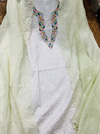 Atharva Embroidered Mulmul Cotton Salwar Kameez/Chikankari Embroidered Mul Cotton Dupatta Mint Green /Cotton Embroidery Shirt White Chikankari/Cotton  Bottom- MCK006(B)