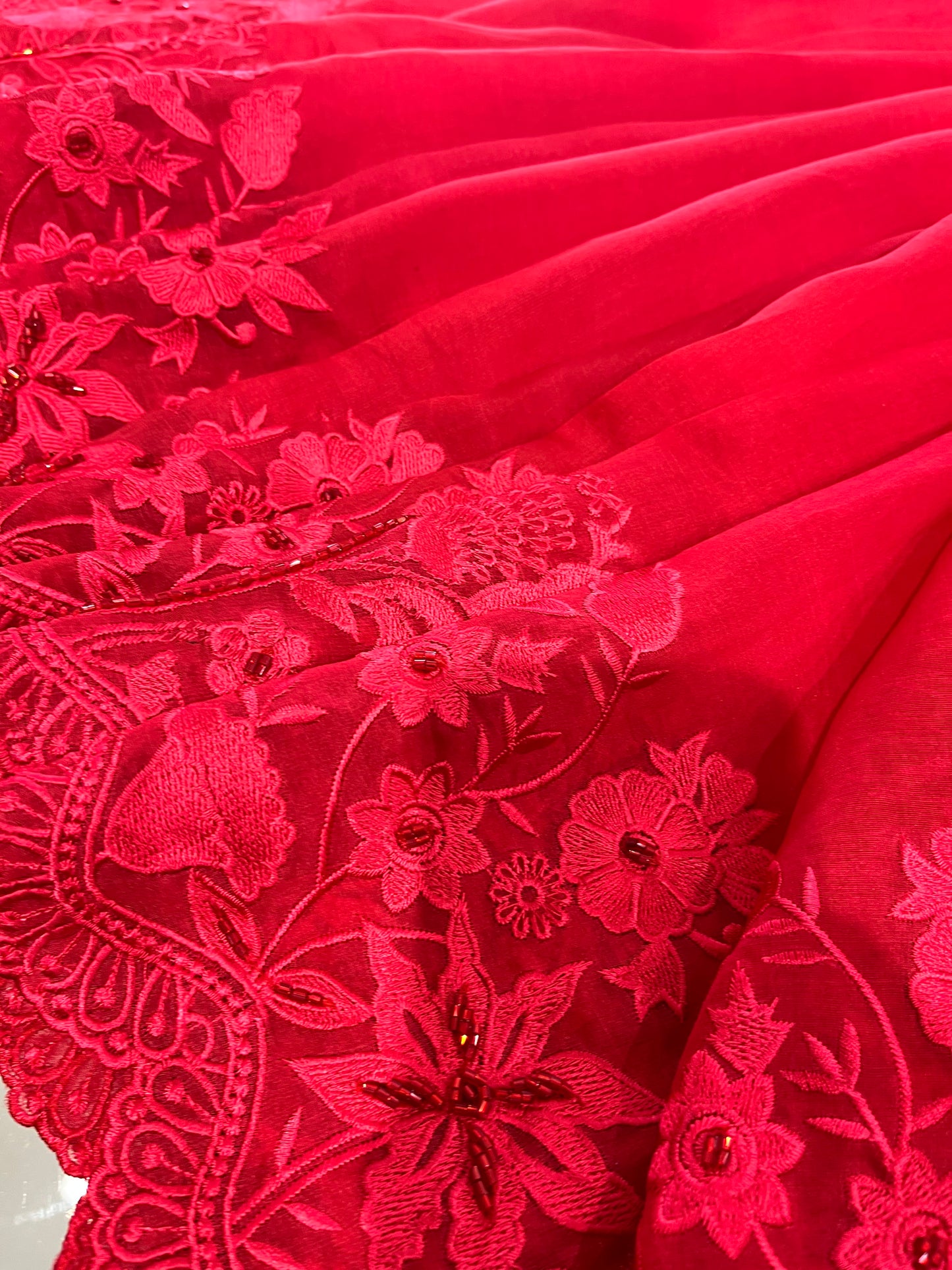 Atharva Heritage Red Kerwachauth Saree in Pure Silk Organza with French Thread Monochrome Embroidery