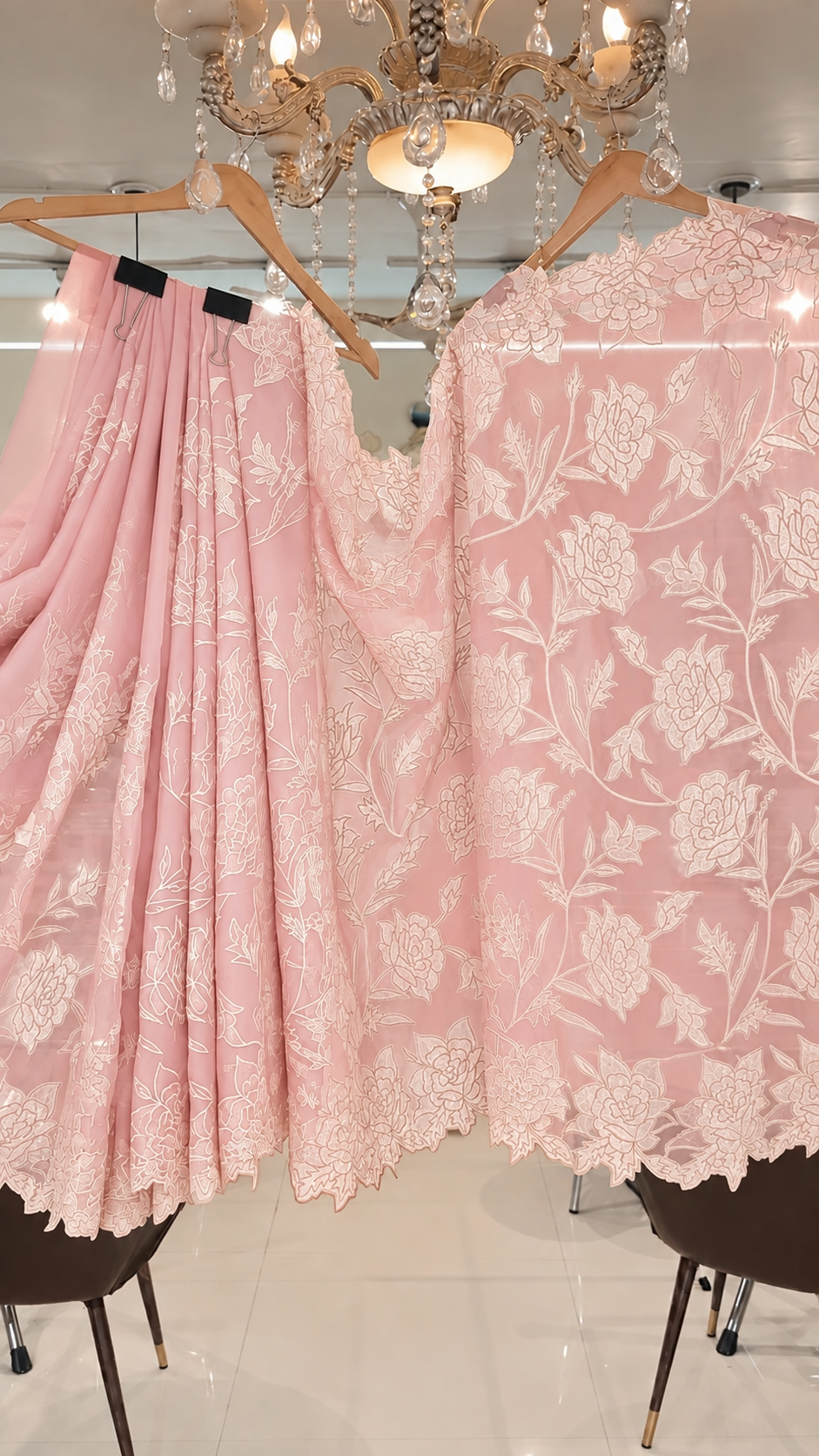 Atharva Heritage Sheer LuxuryPure Silk Organza Hand Applique Pastel Pink and Ivory Applique Saree AH-001(D)