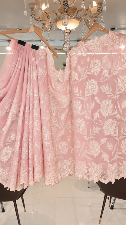 Atharva Heritage Sheer LuxuryPure Silk Organza Hand Applique Pastel Pink and Ivory Applique Saree AH-001(D)