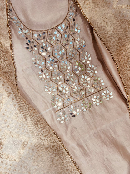 ATHARVA  Hand Embroidered Salwar Kameez w/ Embroidered Neck Beige/Banarsi Silk Dupatta/Bridal/Wedding/Custom Stitch/ CH1295