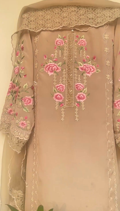 Atharva Heritage Beige Elegance in every stitch: Embrace the timeless beauty of Pure Georgette Parsi Gara  suit paired with a delicate Georgette Lace Designer Dupatta." GE0057 Beige