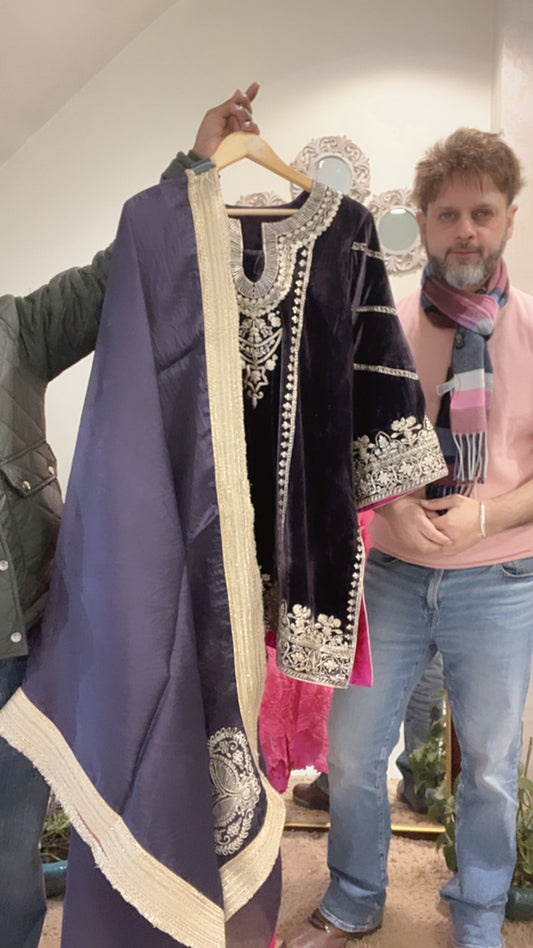 Atharva Heritage Pure Silk Velvet Violet Color Pakistani Co-ord Set with All-Over Pita Embroidery & Organza Dupatta AH181331345