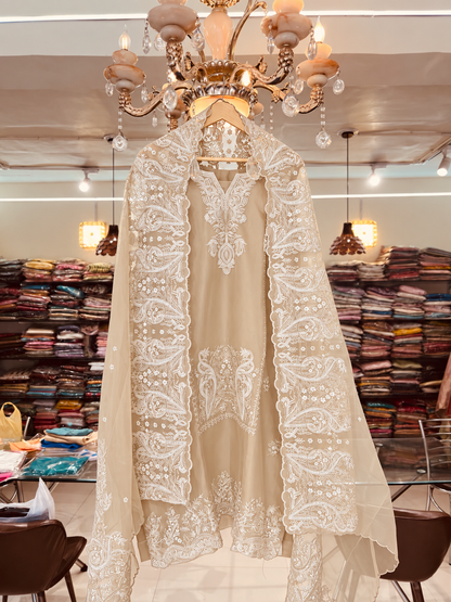 Atharva Heritage Pure Silk Organza French Thread Monochrome Embroidered unstitched Pakistani Suit SLP001
