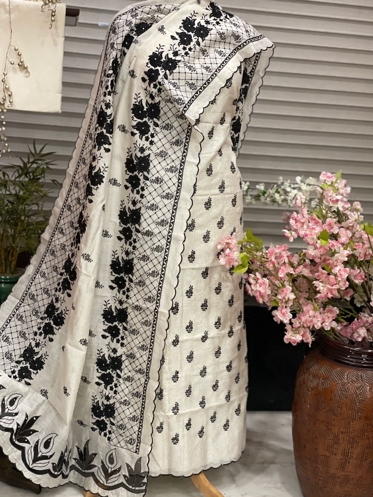 PURE CHANDER SILK  PARSI GARA SUIT with Cutwork on width CH5416 Black and white