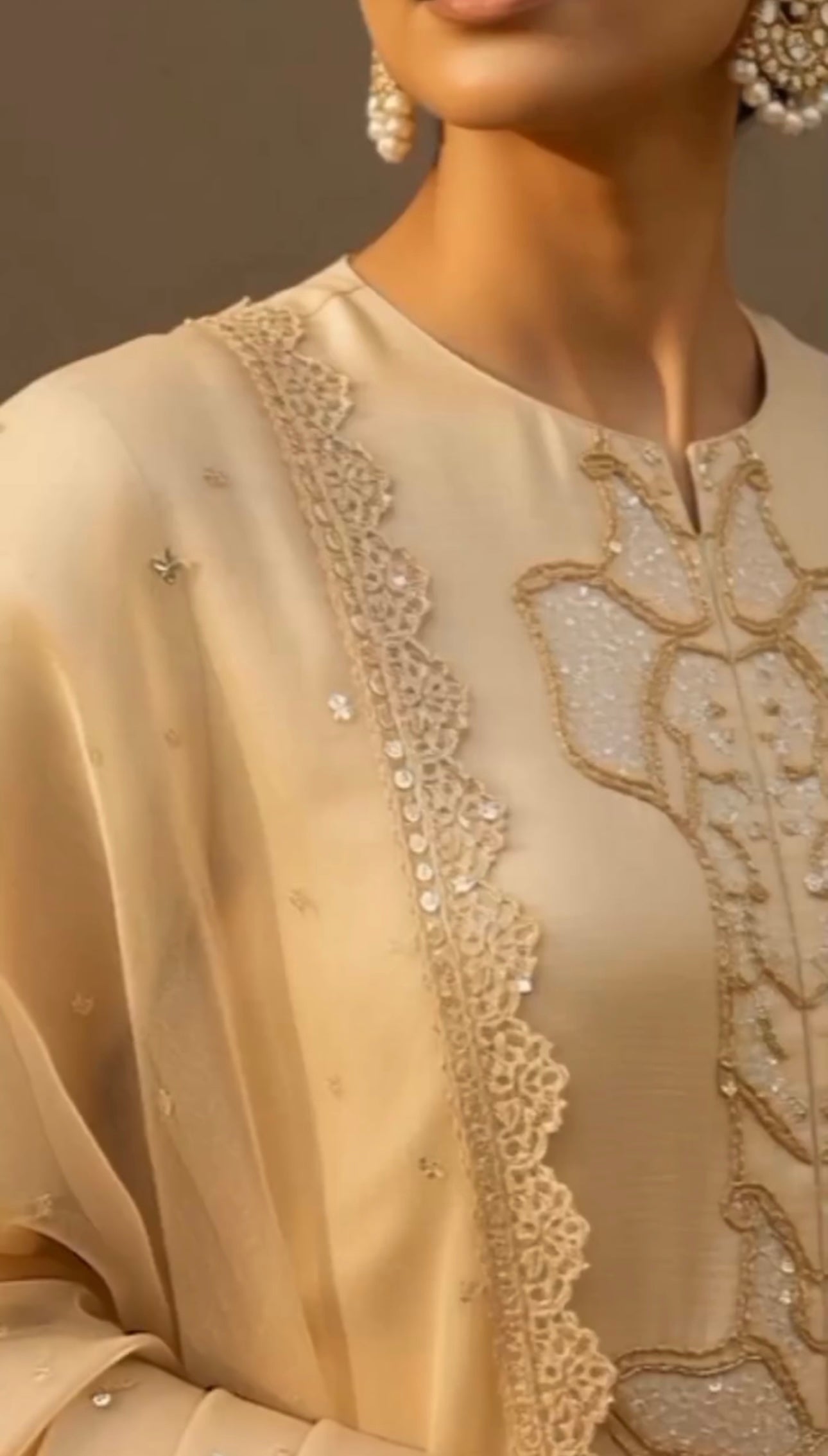 Atharva Heritage Noor Beige Monochrome Hand-Embroidered Raw Silk A-Line Suit AH13183157