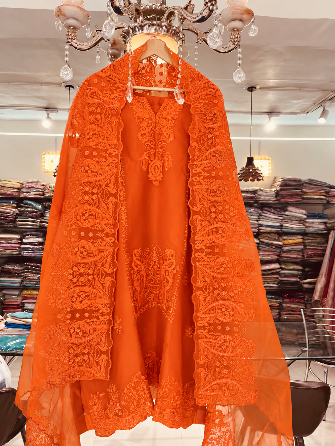 Atharva Heritage Pure Silk Organza Burnt Orange French Thread Monochrome Embroidered unstitched Front and Back  Pakistani Suit SLP001