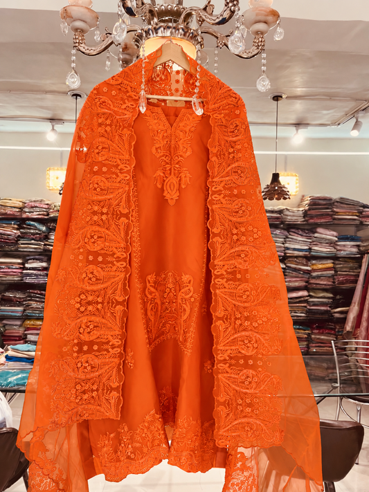 Atharva Heritage Pure Silk Organza Burnt Orange French Thread Monochrome Embroidered unstitched Front and Back  Pakistani Suit SLP001