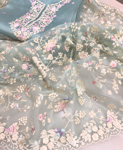 Atharva Heritage Sheer Luxury /Pure Silk Organza PARSI GARA Front and back SUIT Powder Blue SLO651