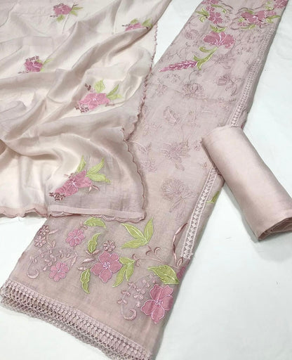 Atharva Heritage/Pure Mul Chanderi Shirt & Dupatta/ Hand Applique with Thread Embroidery/Cotton Silk  Bottom/CUT80377