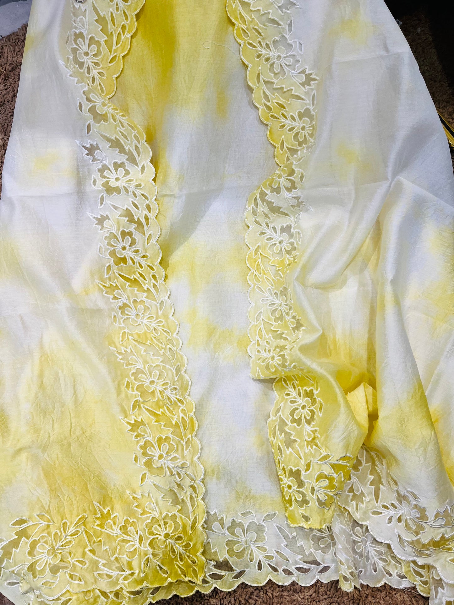 ATHARVA Hand Applique /Cutwork  Embroidery Salwar Kameez/pure Chanderi Silk Ombre  Shirt & Dupatta/Santoon Bottom/Custom Stitch Unstitch/Plazo/Pant/ CUT8065 Yellow