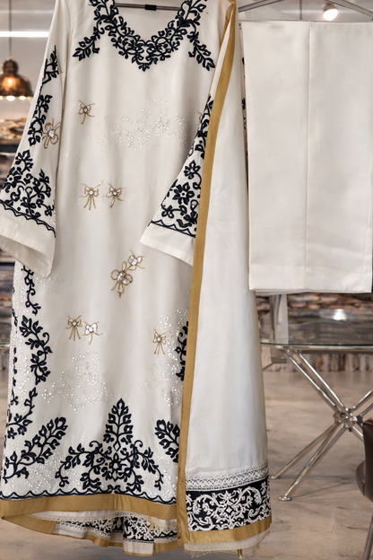 Atharva Heritage White Pure Satin Silk Pakistani Suit with Multi-Technique Embroidery & Tissue Facing Detailing – Custom Stitching Available (S–9XL) AH181331916