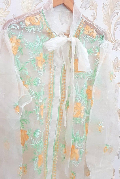 Atharva Heritage Sheer Luxury Silk Organza Lucknowi Semi Stitched Top SLT002 Pearl White