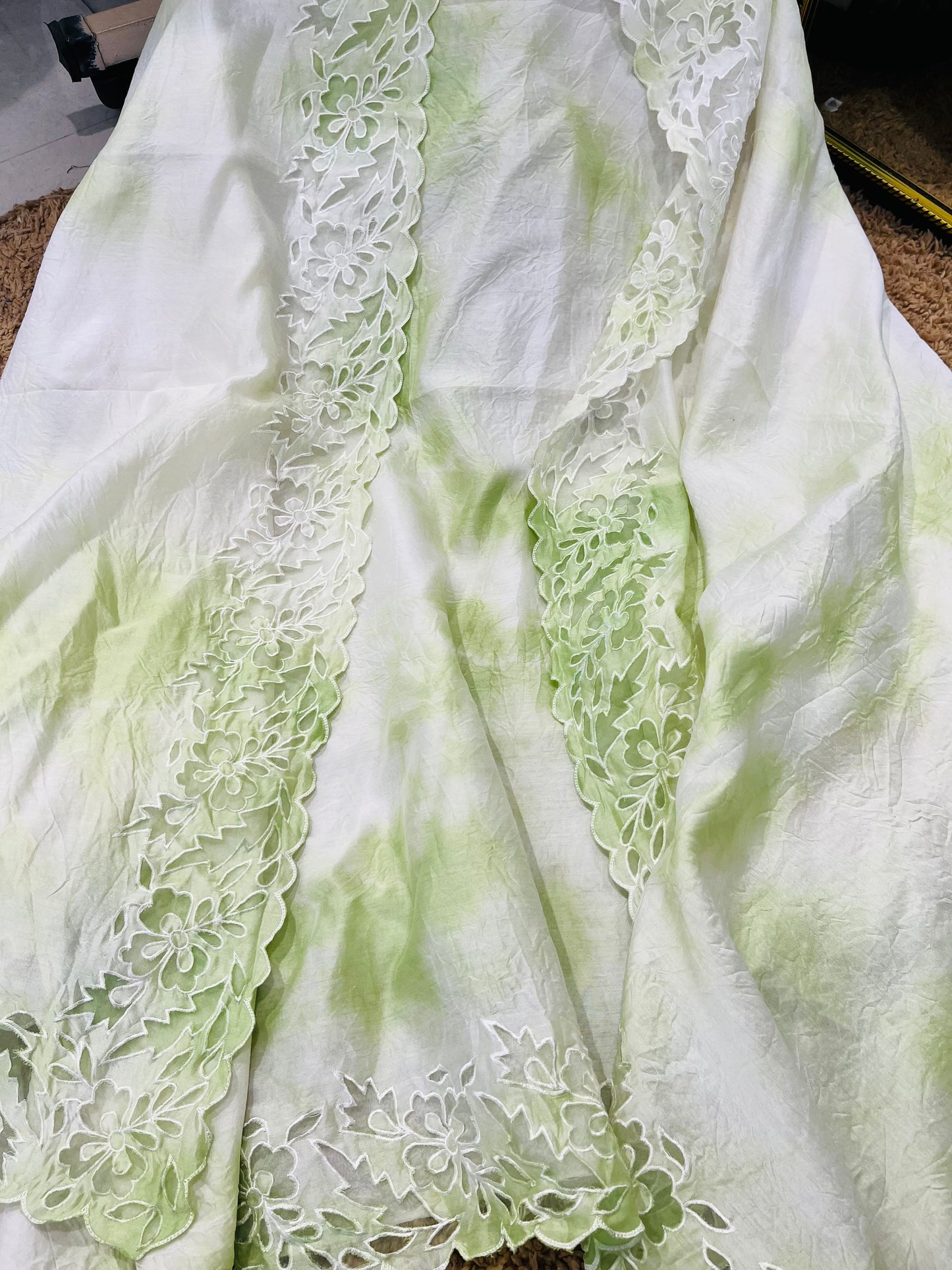ATHARVA Hand Applique /Cutwork  Embroidery Salwar Kameez/pure Chanderi Silk Ombre  Shirt & Dupatta/Santoon Bottom/Custom Stitch Unstitch/Plazo/Pant/ CUT8065 Green