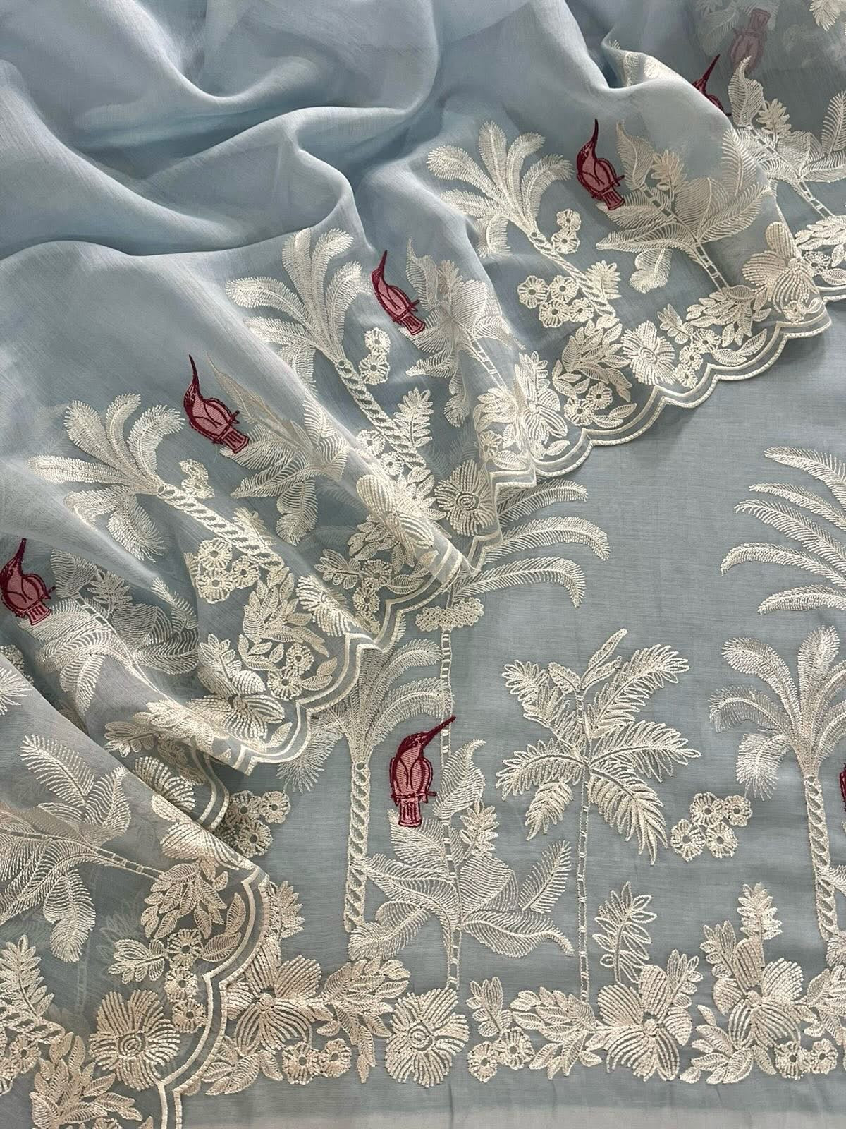 ATHARVA HERITAGE PURE CHANDERI  SILK 70 GRAMS PAKISTANI SUIT FRENCH THREAD EMBROIDERED CHO0078 English Blue