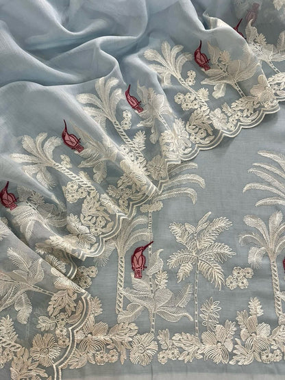 ATHARVA HERITAGE PURE CHANDERI  SILK 70 GRAMS PAKISTANI SUIT FRENCH THREAD EMBROIDERED CHO0078 English Blue