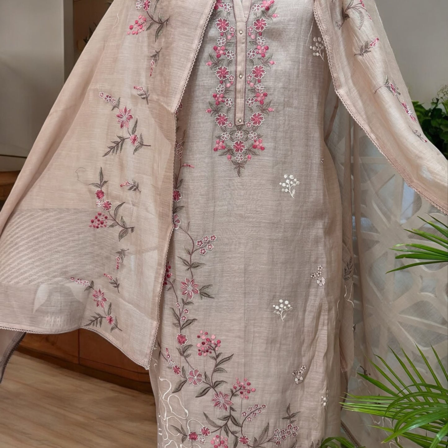 ATHARVA HERITAGE PURE MUL CHANDERI SILK  PARSI GARA SUIT MCH0013P Dusty Peach